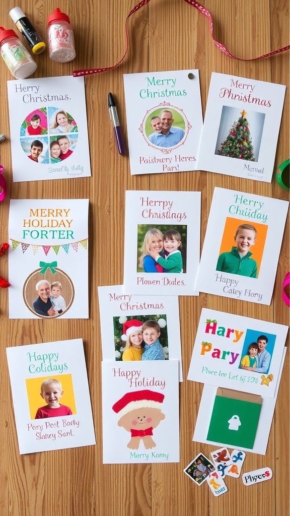 Holiday Card Update Recipe A collection of colorful handmade holiday cards with family photos and decorations on a wooden table.